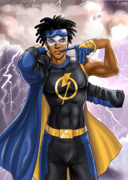 1boy autumn_sacura belt black_hair bodysuit brown_eyes cloud dark_skin dc_comics electricity gloves goggles dreadlocks jacket lightning lightning_bolt_symbol male_focus mask mouth_hold solo standing static_(dc) static_shock undressing virgil_ovid_hawkins