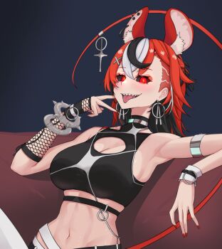 1girl animal_ears armlet armpits asymmetrical_hair black_hair black_sclera bracelet breasts cleavage colored_sclera commentary ear_piercing earrings english_commentary extra_ears hair_ornament hakos_baelz hakos_baelz_(monochrome_dancer) highres hololive hololive_english jewelry large_breasts long_hair looking_at_viewer mouse_ears mouse_girl mouse_tail multicolored_hair navel pants piercing ranox red_eyes red_hair red_nails sharp_teeth sidecut silver_armlet sitting solo spiked_bracelet spikes tail teeth tongue tongue_out undercut virtual_youtuber white_hair white_pants x_hair_ornament