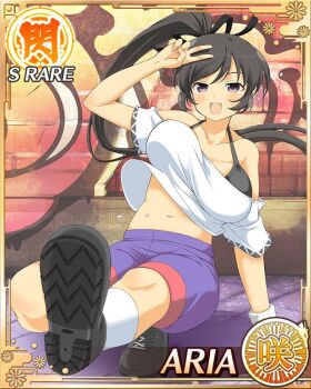 1girl :d aria_(senran_kagura) black_bra black_hair black_ribbon border bra breakdance breasts card_(medium) character_name dancing english_text game_cg hair_ribbon hand_on_floor handstand high_side_ponytail large_breasts long_hair navel official_alternate_costume official_art open_mouth purple_eyes purple_shorts ribbon senran_kagura senran_kagura_new_wave shirt shoes shorts smile sneakers solo sweat underwear v white_shirt