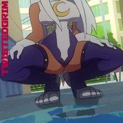 1girl animal_ears animated boku_no_hero_academia bouncing_breasts breasts dark-skinned_female dark_skin eyelashes gloves highres large_breasts long_hair looking_at_viewer mirko muscular muscular_female rabbit_ears rabbit_girl rabbit_tail red_eyes smile solo squatting tail thighs toned twistedgrim video white_hair