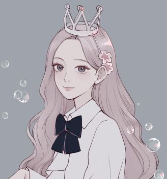 1girl blonde_hair bubble closed_mouth commentary crown flower go_won hair_behind_ear hair_flower hair_ornament highres k-pop korean_commentary long_hair loona_(group) profile real_life smile solo upper_body yori_(yooo_ri)