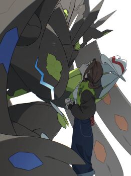 1girl black_jacket brown_eyes brown_hair commentary denim english_commentary eye_contact gen_6_pokemon green_jacket harmony_(pokemon) hat highres holding holding_unworn_clothes holding_unworn_hat jacket jeans kneeling legendary_pokemon long_sleeves looking_at_another mega_stone multicolored_jacket nintendo open_clothes open_jacket pants pokemon pokemon_(creature) pokemon_legends:_z-a red_bag shirt short_hair two-tone_jacket unworn_hat unworn_headwear white_background white_hat white_shirt wulie_errr zygarde zygarde_(complete)