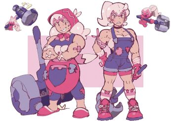 apron bonnet boots colored_skin full_body gloves hammer highres holding holding_hammer holding_mallet juno_son long_hair mallet multicolored_hair multiple_girls muscular muscular_female nintendo overall_shorts overalls pink_hair pink_skin pokemon pokemon_(creature) ponytail reference_inset slippers smile standing tinkaton tinkatuff twintails two-tone_hair weapon