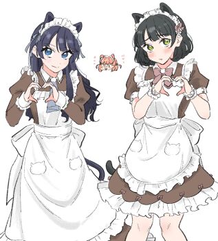 3girls :d ^_^ animal_ears apron ascot black_hair blue_ascot blue_eyes blue_hair blue_ribbon blunt_bangs bob_cut brown_dress cat_brooch cat_ears closed_eyes closed_mouth commentary dress frilled_apron frilled_dress frills green_eyes hair_ribbon heart heart_hands highres hinoshita_kaho juliet_sleeves link!_like!_love_live! llkapital long_dress long_sleeves looking_at_viewer love_live! maid maid_apron maid_headdress medium_dress momose_ginko multiple_girls murano_sayaka nyan_nyan_nyan_fair_in_gamers open_mouth orange_hair pink_ascot puffy_short_sleeves puffy_sleeves ribbon short_hair short_sleeves smile two_side_up virtual_youtuber white_apron