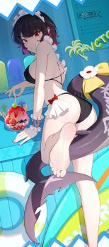 Rule 34 | 1girl, absurdres, barefoot, bikini, black hair, ellen joe, feet, fins, fish tail, food, highres, ice cream, looking at viewer, maid headdress, medium hair, qi di xiong, red eyes, shark tail, soles, sundae, swimsuit, tail, toes, zenless zone zero