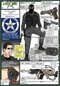 Rule 34 | 1boy, anti-materiel rifle, brown hair, bulletproof vest, em-1 railgun, english text, eraser (film), gun, h&amp;k p7, handgun, heckler &amp; koch, high standard .22 pistol, high standard manufacturing company, high standard sharpshooter m, japanese text, john kruger, magnetic weapon, mask, military, muta koji, pistol, railgun, rifle, sniper rifle, story time (muta koji), sunglasses, suppressor, suppressor focus, suppressor profile, translation request, watch, weapon, weapon focus, weapon name, weapon profile