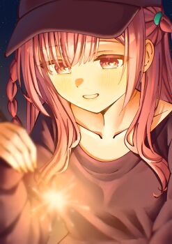 1girl absurdres baseball_cap black_hat blurry braid collarbone commentary english_commentary fireworks grin hat highres holding holding_fireworks indie_virtual_youtuber long_hair mack_(13mcqn) night pink_eyes pink_hair sky smile solo star_(sky) starry_sky virtual_youtuber yuuki_sakuna