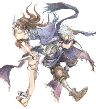 1boy 1girl anklet ass bandaged_arm bandaged_leg bandages boots brown_boots brown_hair brown_pants brown_sandals commentary_request cropped_shirt cross-laced_clothes cross-laced_sleeves crosshatching dagger dancer dual_wielding earrings floating_clothes floating_hair gold_anklet gold_earrings green_eyes hair_over_one_eye hatching_(texture) highres holding holding_dagger holding_knife holding_weapon hoop_earrings jewelry knife looking_to_the_side mole mole_under_mouth octopath_traveler octopath_traveler_i off_shoulder open_clothes open_shirt pantaloons pants pelvic_curtain poncho ponytail primrose_azelhart purple_poncho purple_scarf qqqqqli red_shirt sandals scarf shirt short_hair smile therion_(octopath_traveler) thigh_strap trait_connection weapon white_background white_hair white_shirt