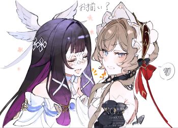 2girls bare_shoulders black_bow black_hair black_sleeves blue_eyes blunt_bangs blush bow bowtie breasts brown_hair closed_eyes colored_inner_hair columbina_(genshin_impact) commentary_request detached_collar detached_sleeves dress eye_mask feathered_wings fingernails flower from_side genshin_impact gradient_hair hair_bow hair_bun hair_ornament hair_tubes hand_up head_wings highres holding_another's_hair long_sleeves looking_afar mask medium_breasts multicolored_hair multiple_girls multiple_wings notice_lines off-shoulder_dress off_shoulder open_mouth pale_skin pink_flower purple_hair red_bow sandrone_(genshin_impact) see-through_clothes see-through_mask shinoo0915 short_hair_with_long_locks shy sidelocks simple_background sleeveless sleeveless_dress smile speech_bubble spoken_squiggle squiggle teeth two-tone_hair upper_body v-shaped_eyebrows watermark white_background white_bow white_bowtie white_dress white_headdress wing_collar wings x_hair_ornament yuri