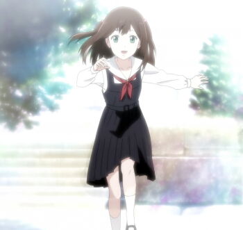 Rule 34 | big order, brown hair, collar, floating hair, full body, green eyes, highres, hoshimiya sena, long hair, long sleeves, looking at viewer, low twintails, neckerchief, non-web source, open mouth, outdoors, overall skirt, pleated skirt, red neckerchief, running, school uniform, shirt, skirt, smile, socks, straight-on, sunlight, tree, twintails, white collar, white shirt, white socks