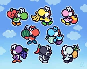 apple banana bazukat_art black_yoshi chibi chili_pepper closed_eyes closed_mouth cloud food fruit full_body grapes heart highres holding holding_food holding_fruit light_blue_yoshi looking_at_viewer melon open_mouth pineapple pink_yoshi purple_yoshi red_yoshi watermelon white_yoshi yellow_yoshi yoshi yoshi&#039;s_story