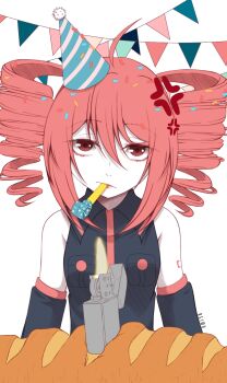 1girl anger_vein angry annoyed baguette bare_shoulders birthday birthday_cake black_shirt bread cake commentary_request completely_unamused detached_sleeves drill_hair food frown hat highres jojo_reference kasane_teto kasane_teto_(utau) lighter long_hair looking_at_viewer medium_hair party_hat party_horn red_eyes red_hair shirt shrinesmaiden simple_background solo trolling twin_drills unamused utau