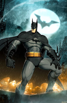 1boy bat_signal batman batman_(series) belt bruce_wayne cape city cloud cloudy_sky dc_comics genzoman gloves lens_flare male_focus mask muscular night rain serious sky solo spotlight standing superhero_costume thighs utility_belt