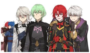 6+boys arm_around_neck armor black_armor black_coat blue_hair blue_tunic coat corruption dark_persona fire_emblem fire_emblem_heroes gloves green_eyes green_hair grey_hair grima_(fire_emblem) hand_on_another&#039;s_shoulder highres intelligent_systems long_sleeves male_alear_(fell_child)_(fire_emblem) male_alear_(fell_child)_(fire_emblem) male_alear_(fire_emblem) male_byleth_(awakened)_(fire_emblem) male_byleth_(fire_emblem) male_corrin_(bloodbound_beast)_(fire_emblem) male_corrin_(fire_emblem) male_kris_(fire_emblem) male_robin_(fire_emblem) male_robin_(grima)_(fire_emblem) marth_(emblem)_(fire_emblem) marth_(fire_emblem) multiple_boys nintendo possessed possession red_eyes red_hair short_hair simple_background sothis_(fire_emblem) tunic upper_body white_background zuzu_(ywpd8853)
