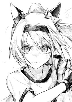 1girl animal_ears bow closed_mouth commentary_request ear_bow ear_covers fingerless_gloves flower-shaped_pupils gloves greyscale haru_urara_(bestest_prize)_(umamusume) haru_urara_(umamusume) hasukurira headband highres horse_ears horse_girl jacket long_hair looking_at_viewer monochrome petals ponytail shirt short_sleeves solo symbol-shaped_pupils umamusume upper_body v-shaped_eyebrows white_background