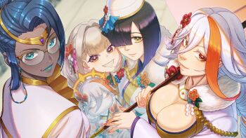 4girls aduti_momoyama baldr_(fire_emblem_heroes) baldr_(new_year's_elite)_(fire_emblem_heroes) black_hair blue_eyes blue_hair blue_lips blush breasts character_doll circlet cleavage closed_mouth commentary_request dark-skinned_female dark_skin doll earrings fire_emblem fire_emblem_heroes flower from_above fur-trimmed_kimono fur_trim glasses grey_hair grin hair_bun hair_flower hair_ornament halo hat heimdallr_(fire_emblem) heimdallr_(new_year's_vision)_(fire_emblem) heterochromia highres hodr_(fire_emblem) hodr_(new_year's_elite)_(fire_emblem) holding japanese_clothes jewelry kimono large_breasts lipstick long_hair looking_at_viewer looking_up makeup multicolored_hair multiple_girls nintendo official_alternate_costume oil-paper_umbrella open_mouth orange_streaks pink_kimono red_eyes round_eyewear short_hair smile streaked_hair teeth umbrella vali_(devoted_sister)_(fire_emblem) vali_(fire_emblem) white_hair white_kimono yellow_eyes