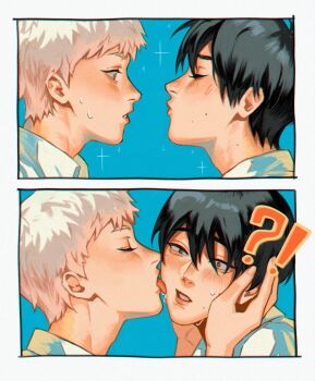 Rule 34 | !?, 2boys, black hair, blush, closed eyes, collared shirt, commentary, english commentary, highres, hikaru ga shinda natsu, imminent kiss, indou hikaru, licking, licking another's cheek, licking another's face, male focus, mole, mole on cheek, mole on neck, mole under eye, mole under mouth, multiple boys, multiple moles, shirt, short hair, surprised, tsujinaka yoshiki, verbartt, white hair, white shirt, yaoi
