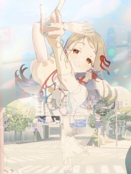 1girl arms_up blonde_hair bracelet braid brown_eyes brown_hair building city colored_eyelashes commentary_request crosswalk dress earrings fingernails flipped_hair from_behind gakuen_idolmaster gradient_hair green_nails grey_hair grey_nails hair_ribbon hanami_ume highres idolmaster intersection jewelry kuramoto_china light_blush long_hair looking_ahead looking_at_viewer multicolored_hair multiple_bracelets multiple_views nail_polish open_mouth orange_eyes outdoors own_hands_together pedestrian_lights projected_inset puffy_short_sleeves puffy_sleeves reaching red_ribbon ribbon ribbon_braid road road_sign robe screen shinosawa_hiro shoes short_hair short_sleeves side_braid sidewalk sign single-shoulder_dress single_bare_shoulder smile standing stop_sign street stud_earrings sunfaded_(idolmaster) tanupon traffic_light tree triangle_hands urban white_dress white_robe white_shoes wide_shot