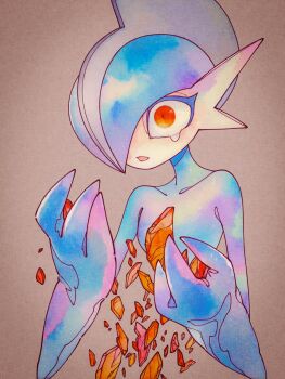 1other alternate_color arm_blade blue_hair blue_skin broken_horn brown_background colored_skin commentary crying crying_with_eyes_open facing_to_the_side gallade gen_4_pokemon glass_shard glass_shards hands_up highres holding_glass_shard horns injury looking_ahead mohawk multicolored_skin nintendo open_mouth pastel_colors pokemon pokemon_(creature) pokemon_focus red_eyes shards shiny_pokemon teardrop tearing_up tears two-tone_skin umi-be-to upper_body weapon white_skin