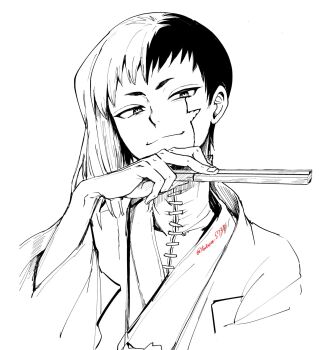 1boy asagiri_gen asymmetrical_hair closed_mouth dr._stone folded_fan folding_fan hand_fan highres holding holding_fan japanese_clothes looking_at_viewer male_focus monochrome multicolored_hair scar simple_background smile solo split-color_hair tatara_5738 twitter_username two-tone_hair upper_body white_background