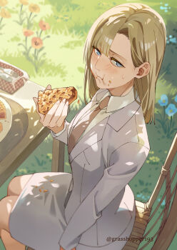 1girl annie_leonhart blonde_hair blue_eyes blue_flower blush breasts brown_necktie chair chewing collared_shirt eating flower food food_on_face fork grasshopper193 grey_jacket grey_skirt hair_behind_ear highres holding holding_food jacket long_hair looking_at_viewer medium_breasts necktie outdoors parted_bangs red_flower shingeki_no_kyojin shirt sitting skirt solo spoon straight_hair suit_jacket sweatdrop twitter_username white_shirt