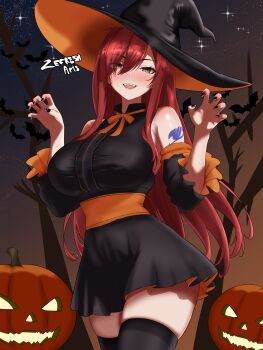 1girl absurdres arm_tattoo black_hat black_thighhighs blush breasts brown_eyes detached_sleeves dress erza_scarlet fairy_tail hair_over_one_eye halloween halloween_costume hat highres jack-o&#039;-lantern large_hat long_hair looking_at_viewer night open_mouth orange_trim pumpkin red_hair simple_background smile solo tattoo thighhighs witch witch_hat zefresh_arts