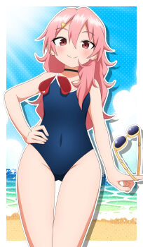 1girl absurdres beach benisumomo gluteal_fold hands_on_own_hips highres ishigakiseiya kunoichi_tsubaki_no_mune_no_uchi light_blush light_smile loli looking_at_viewer pink_hair red_eyes solo swimsuit