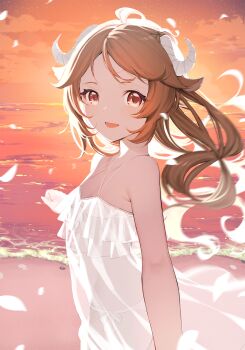 Rule 34 | 1girl, 9nojo, :d, ahoge, animal ears, arknights, backlighting, bare arms, bare shoulders, beach, bikini, bikini under clothes, blush, brown hair, collarbone, cowboy shot, dress, evening, eyjafjalla (arknights), flat chest, from side, highres, horns, long hair, looking at viewer, looking to the side, ocean, open mouth, orange sky, petals, red eyes, see-through clothes, sheep ears, sheep girl, sheep horns, sky, smile, solo, sundress, sunlight, swimsuit, water, white dress