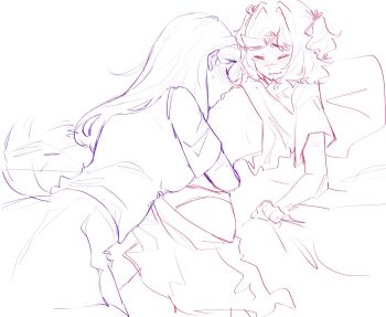 Rule 34 | 2girls, bed sheet, blush, closed eyes, clothes lift, commentary, doki doki literature club, english commentary, hair intakes, hair ornament, hair ribbon, highres, hug, licking, licking nipple, long hair, multiple girls, natsuki (doki doki literature club), nipple stimulation, panties, pockiseisont, ribbon, scar, self-harm scar, sheet grab, shirt, shirt lift, short hair, short sleeves, sketch, skirt, t-shirt, tongue, two side up, underwear, x hair ornament, yuri, yuri (doki doki literature club)