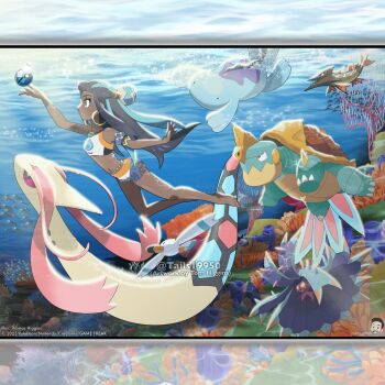 1girl aqua_eyes aqua_hair artist_name barefoot barraskewda black_hair closed_mouth commentary company_name copyright_name copyright_notice coral dark-skinned_female dark_skin dive_ball drednaw earrings english_commentary eyelashes from_side gen_2_pokemon gen_3_pokemon gen_7_pokemon gen_8_pokemon hair_bun hoop_earrings instagram_username jewelry long_hair merchandise_available midriff milotic multicolored_hair necklace nessa_(pokemon) nintendo open_mouth poke_ball pokemon pokemon_(creature) pokemon_swsh quagsire sharp_teeth single_hair_bun spikes swimming teeth tom_higgins toxapex two-tone_hair underwater wingull