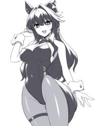 Rule 34 | 1girl, animal ears, bow, bowtie, breasts, cleavage, cowboy shot, detached collar, ear piercing, greyscale, horse ears, horse girl, horse tail, leotard, long hair, medium breasts, monochrome, nontraditional playboy bunny, pantyhose, pataneet, piercing, rabbit tail, sidelocks, smile, solo, standing, strapless, strapless leotard, tail, umamusume, verxina (umamusume), wrist cuffs