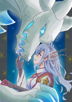 1girl absurdres animal_skeleton blue_background blue_eyes commentary_request conachun eyelashes from_side gauntlets highres kaguya_(rune_factory) pillarboxed purple_eyes purple_hair rune_factory rune_factory:_guardians_of_azuma stick upper_body wide_sleeves