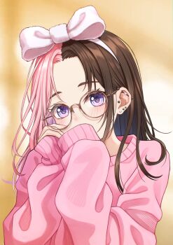 1girl absurdres bow commentary_request glasses hair_bow hal_(haldayo913) highres long_hair long_sleeves looking_at_viewer multicolored_hair pink_hair pink_sweater purple_eyes round_eyewear solo split-color_hair sweater tachibana_hinano two-tone_hair virtual_youtuber vspo! white_bow