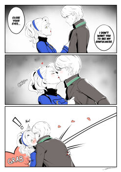 1boy 1girl affectionate age_difference blush commentary eightyfourart english_commentary english_text french_kiss heart heart-shaped_pupils hetero highres hug kiss margaret_(persona) mature_female narukami_yu persona persona_4 symbol-shaped_pupils