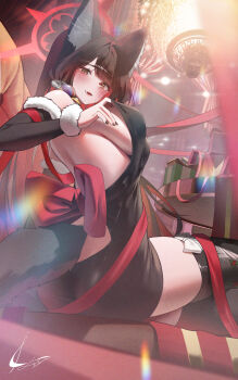 1girl adjusting_clothes alternate_costume animal_ear_fluff animal_ears backless_dress backless_outfit bare_back black_hair black_nails black_thighhighs blue_archive blush breasts colored_inner_hair commentary crossed_legs detached_sleeves dress fang fox_ears fox_girl fox_tail from_side fur_trim halo highres large_breasts long_hair looking_at_viewer luenar multicolored_hair open_mouth red_hair red_halo sideboob sitting skin_fang solo tail thighhighs two-tone_hair wakamo_(blue_archive) yellow_eyes