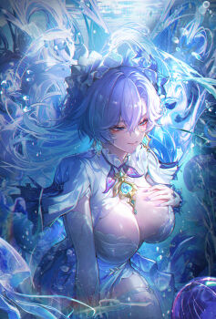 1girl blue_flower blue_hair breasts bubble cantarella_(wuthering_waves) closed_mouth colored_inner_hair commentary dress earrings facial_mark flower hair_between_eyes hair_flower hair_ornament hand_on_own_chest headdress highres jellyfish jewelry large_breasts long_hair looking_ahead mark_under_eye mole mole_under_eye multicolored_hair nail_polish purple_hair purple_nails shrug_(clothing) smile solo thighhighs thighs turbulence underwater very_long_hair white_dress white_shrug white_thighhighs wuthering_waves