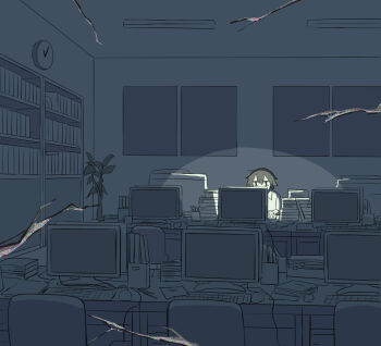 1boy absurdres avogado6 bags_under_eyes breaking broken_glass brown_hair clock commentary_request fourth_wall glass highres indoors male_focus monitor office original plant potted_plant solo static wall_clock