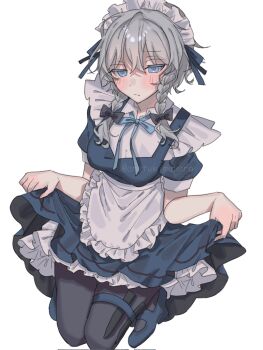 Rule 34 | 1girl, :/, amatukimahoro, apron, black pantyhose, blue dress, blue eyes, blue shoes, blush, braid, clothes lift, commentary, dress, dress lift, frills, highres, izayoi sakuya, looking at viewer, maid, maid apron, maid headdress, medium hair, pantyhose, shirt, shoes, short sleeves, solo, thigh strap, touhou, twin braids, twitter username, white background, white hair, white shirt