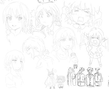 Rule 34 | 1boy, 3girls, 3others, amiya (arknights), arknights, blue archive, blush, chopsticks, closed eyes, closed mouth, commentary, doctor (arknights), eating, fate (series), flailing, fujimaru ritsuka (female), girls band cry, greyscale, highres, holding, holding chopsticks, holding microphone, idolmaster, low twintails, microphone, monochrome, multiple girls, multiple others, multiple views, n nai nai n, nervous sweating, open mouth, p-head producer, producer (idolmaster), sensei (blue archive), short hair, short twintails, simple background, sketch, sweat, t-head trainer (umamusume), trainer (umamusume), twintails, umamusume, white background