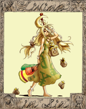 avarice_(living_in_sin) bag barefoot blonde_hair bracelet brown_eyes hair_ornament handbag jewelry living_in_sin long_hair money necklace personification ring scrotumnose seth_(living_in_sin) seven_deadly_sins shaun_healey solo