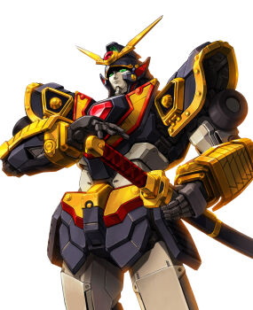 commentary_request cowboy_shot dran green_eyes highres holding holding_sword holding_weapon katana mecha mecha_focus no_humans ougon_yuusha_goldran robot science_fiction sheath sheathed simple_background solo standing super_robot sword taedu v-fin weapon white_background yuusha_series
