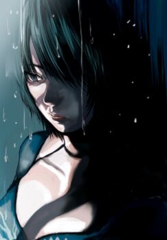 1girl black_hair closed_mouth collarbone fatal_frame fatal_frame_iii:_the_tormented gauss_&lt;bokashi kurosawa_rei lips mole mole_under_eye shadow short_hair solo water_drop