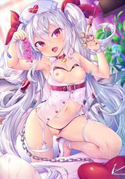 1girl arm_up armpits azur_lane bandaid bandaid_on_arm bandaid_on_hand bare_shoulders bed black_bra black_panties blush bra bra_lift breasts chain cleft_of_venus clothes_lift clothing_aside collar collarbone condom condom_wrapper curtains day fang fishnet_thighhighs fishnets garter_belt garter_straps gluteal_fold grey_wings hair_between_eyes hair_ribbon hat heart heart_collar high_heels highres holding holding_syringe indoors loli long_hair looking_at_viewer metal_wings nail_polish navel nipples nurse nurse_cap open_mouth panties panties_aside pillow plant pussy red_collar red_eyes red_ribbon ribbon silver_hair slit_pupils small_breasts smile solo strapless strapless_bra syringe television thighhighs tongue tongue_out toraishi_666 twintails underwear vampire_(azur_lane) vampire_(little_devil_in_white)_(azur_lane) white_footwear white_garter_belt white_garter_straps white_hat white_thighhighs wings