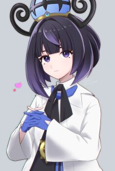 black_dress black_hair black_ribbon blue_gloves blunt_bangs bob_cut closed_mouth coat dress eyelashes gloves gradient_hair grey_background gwynn_(pokemon) hat heart highres interlocked_fingers long_sleeves looking_at_viewer mega_stone miasuke multicolored_hair nintendo open_clothes open_coat own_hands_together partially_fingerless_gloves pokemon pokemon_legends:_z-a purple_eyes purple_hair ribbon short_hair twitter_username white_coat