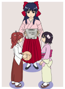 Rule 34 | 3girls, aged down, amamiya sakura, blue eyes, blue hair, bow, breasts, brown eyes, brown hair, feet, fingerless gloves, game console, gloves, hair ribbon, half-closed eyes, highres, japanese clothes, kimono, large breasts, legs, long hair, long skirt, miko, multiple girls, open mouth, parody, ponytail, red bow, red hair, ribbon, sakura taisen, sega, sega saturn, serious, shinguuji sakura, shinonome hatsuho, short hair, side ponytail, skirt, thighs, tongue