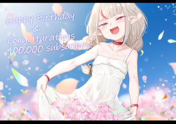 1girl :d bare_arms bare_shoulders belt_collar blue_sky blush braid collar congratulations day dress field flower flower_field grey_hair half-closed_eyes happy_birthday head_tilt highres letterboxed looking_at_viewer makaino_ririmu makaino_ririmu_(3rd_costume) nijisanji open_mouth outdoors pink_flower pointy_ears skirt_basket skirt_hold sky smile solo spaghetti_strap standing strap_slip twin_braids utsusumi_kio virtual_youtuber white_dress wristband
