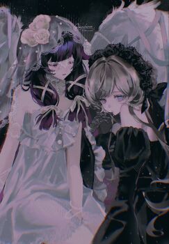 Rule 34 | 2girls, bare shoulders, black dress, black ribbon, blue eyes, bracelet, closed eyes, closed mouth, columbina (genshin impact), dress, genshin impact, gloves, hand on own face, highres, jewelry, lace, lace gloves, multiple girls, omces96, pearl bracelet, ribbon, sandrone (genshin impact), veil, watermark, white dress, white ribbon, wings