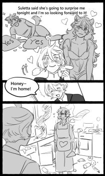 2girls animal_ears apron blush breasts cleavage cooking dog_ears english_text gundam gundam_suisei_no_majo heart highres kitchen kitchen_knife knife medium_breasts messy messy_room milfcookiesimp miorine_rembran monochrome multiple_girls nightgown sequential speech_bubble suletta_mercury wife_and_wife yuri