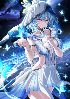 1girl armlet blue_butterfly blue_dress blue_hair blue_nails blue_veil blush breasts bug butterfly butterfly_on_hand colored_eyelashes commentary dress english_commentary fingernails hand_on_own_chest hands_up highres hiroki_(hirokiart) insect jewelry large_breasts long_hair looking_at_viewer nail_polish outdoors parted_lips purple_eyes shore shorekeeper_(wuthering_waves) sleeveless sleeveless_dress solo thighs two-tone_veil veil white_veil wuthering_waves