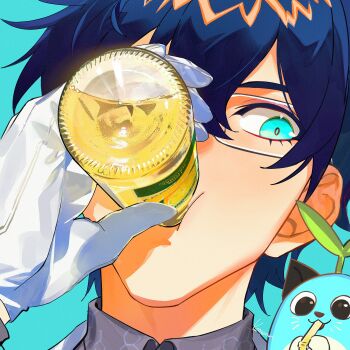 1boy absurdres aqua_background aqua_eyes blue_hair commentary cup drinking english_commentary glass glass_bottle glasses gloves hair_between_eyes hand_up highres holding holding_cup kome_non leos_vincent leos_vincent_(1st_costume) looking_to_the_side male_focus mameneko_(leos_vincent) nijisanji portrait short_hair simple_background solo virtual_youtuber white_gloves